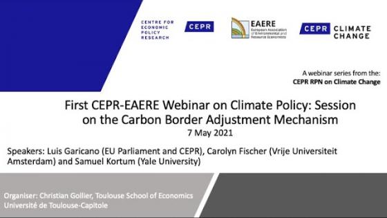 白色背景黑色文本“第一CEPR-EAERE研讨会在气候政策:碳边境调整机制”,期标识