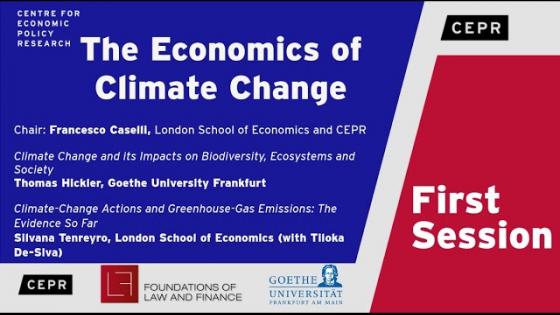 蓝色背景，白色文字“气候变化的经济学”与CEPR标志