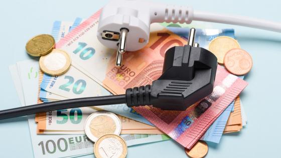 两个欧洲电力插头在欧元纸币和硬币