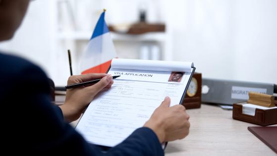 女人检查签证申请法国国旗插在书桌上
