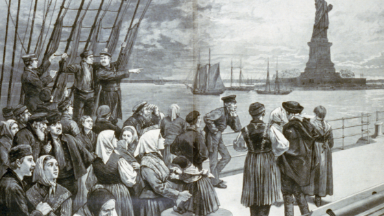 1887插图的移民在远洋轮船通过纽约港的自由女神像