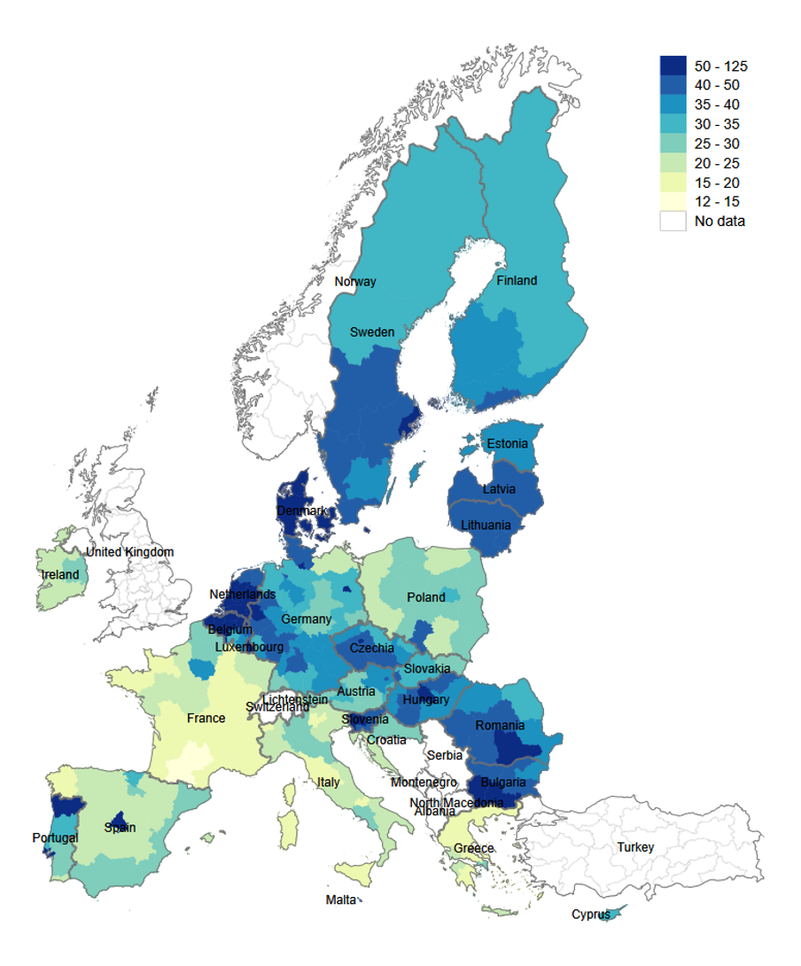 图3 2019年欧盟NUTS2水平的网速估计